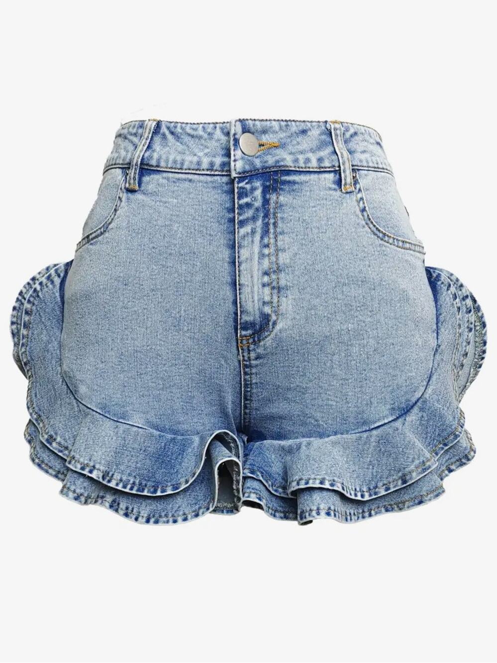 High-Waist Ruffle Hem Denim Jean Shorts - Light Blue